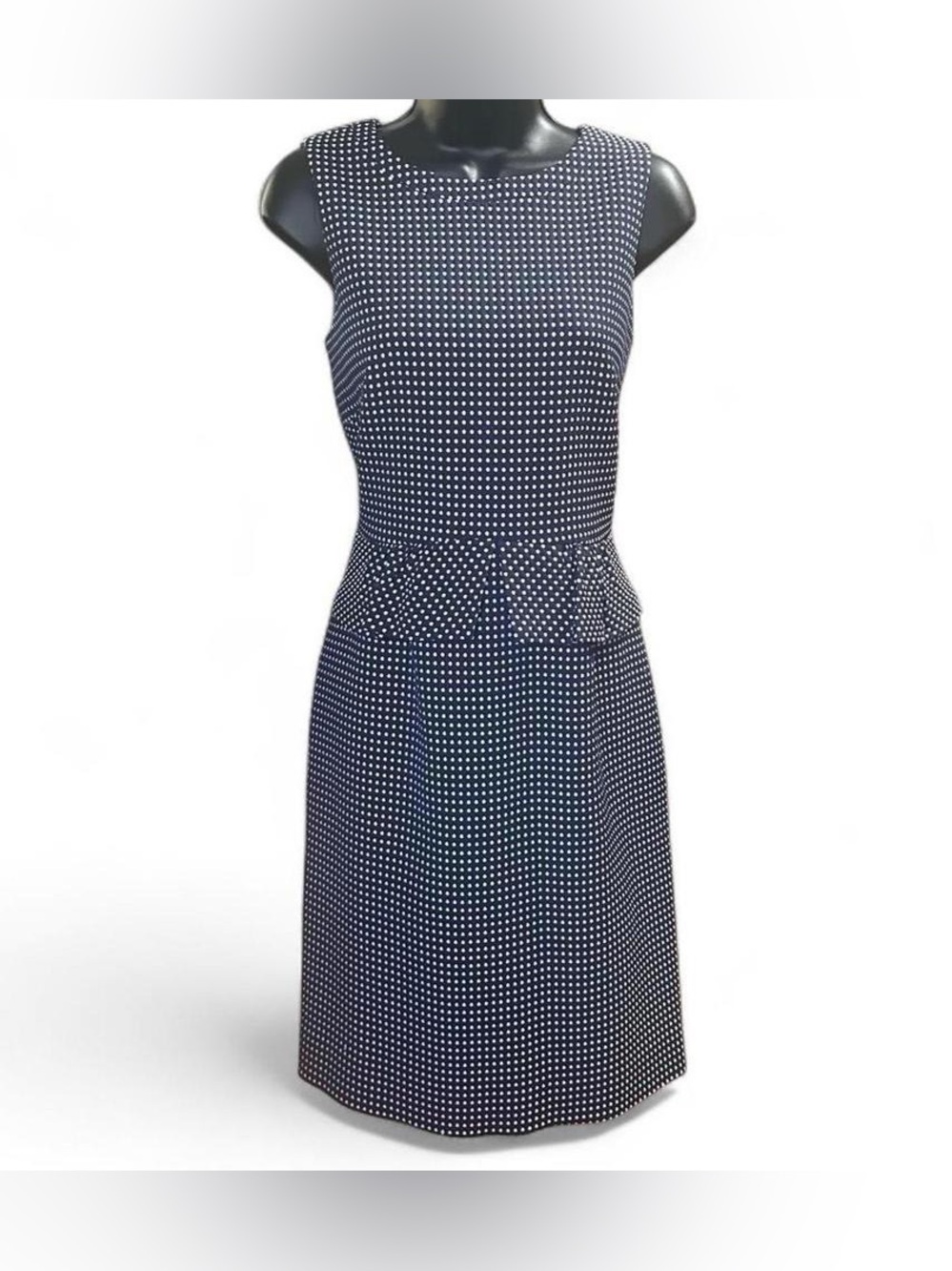 Navy & White Polkadot TAHARI Sleeveless Dress for Tailored Waist Back Zipper